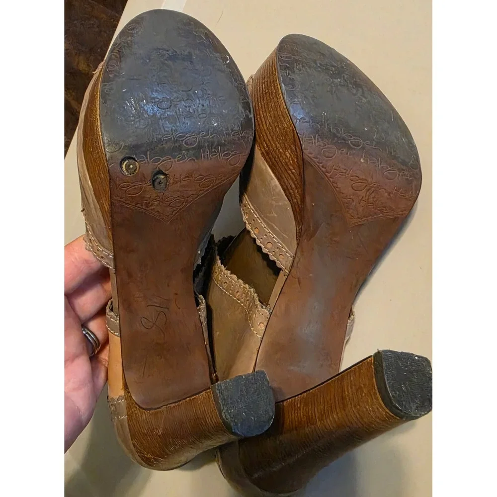 Halogen Lynden Taupe Tan Leather Brogue Triple Buckle Platform Heels 6.5M
